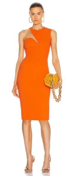 Bright Bree Bandage Dress featuring stretch-design, cut-out detailing, one-shoulder, bodycon. Design includes slit dart detailing, side zip fastening, knee length skirt.