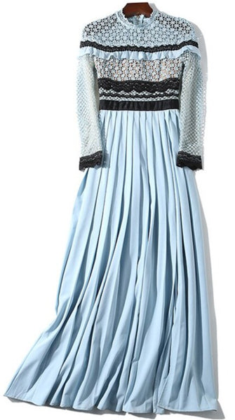 Fitted runway long dress, with tiny flower crochet and ruffles. Hollow out patchwork large split, party dress. Waterfalls to long  pleats. Comes in powder blue.