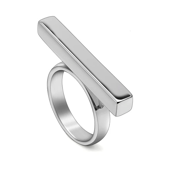 The Geometric Long Bar Steel Silver Ring is modern twist on the hand accessory. Crafted from steel, this ring brings orginality for an irregular, design look.