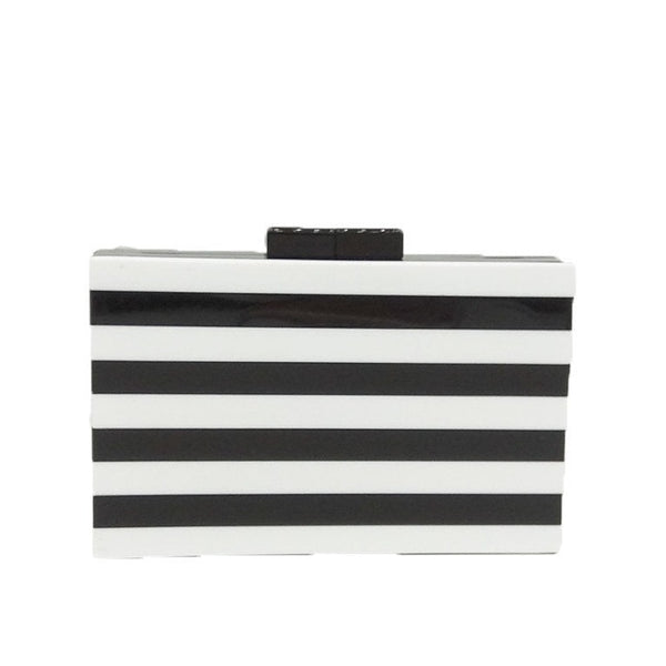 This gorgeous black and white Stripe Clutch Bag is a rectangle, box clutch purse. Versatile and striking. Also comes with a detachable, long, silver cross body chain. 