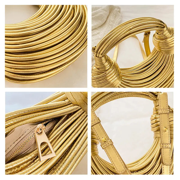Gold Woven Circle Bag is a luxury unique it is a crafted, knotted round bag. Dual shoulder and hand bag. Woven noodle bag, features intricate soft gold cable detailing