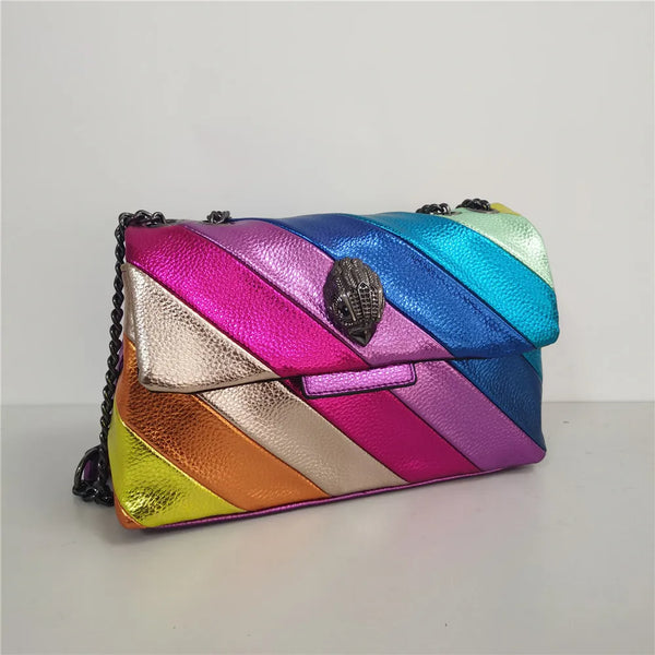 New Wave Rainbow Bag is a multicoloured PU leather bag, featuring wide diagonal metallic pastel stripes.  Foldover top, a chain shoulder strap and eagle head clasp.