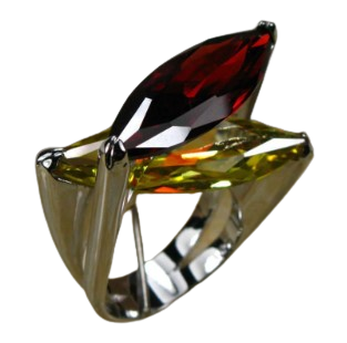 Yellow + Bird Ring is a bright dress ring for party season + every delightful place. Large deep red garnet  + citrine coloured zircon. Prong setting, crossed fine oblong stones.