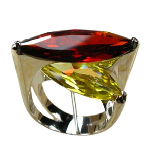 Yellow + Bird Ring is a bright dress ring for party season + every delightful place. Large deep red garnet  + citrine coloured zircon. Prong setting, crossed fine oblong stones.
