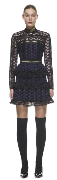 Long sleeve, tight fitting, geometric star lace mini dress in navy blue, for dinner, party or club. 3 tiered ruffle A-line skirt. Match with evening clutch.