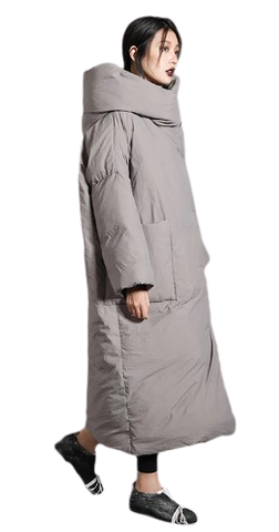 Zen Asymmetrical Long Winter Coat is extremely warm. Large pockets, hooded, filling is 100 per cent down cotton, hidden button closure, asymetrical, soft and warm.