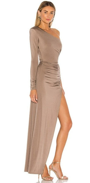 Champage One Shoulder Slit Dress, draped design, one-shoulder, slanted collar long-sleeved satin feel evening, party dress. Ruched with diagonal collar ankle-length draped.
