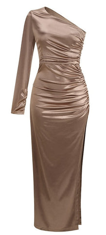 Champage One Shoulder Slit Dress, draped design, one-shoulder, slanted collar long-sleeved satin feel evening, party dress. Ruched with diagonal collar ankle-length draped.