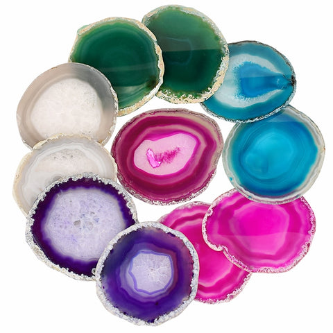 Beautiful Crystal Gem Glass Coasters made from natural crystal agate. In a stunning variety of seven colours and irregular geode shapes. Each piece is unique.