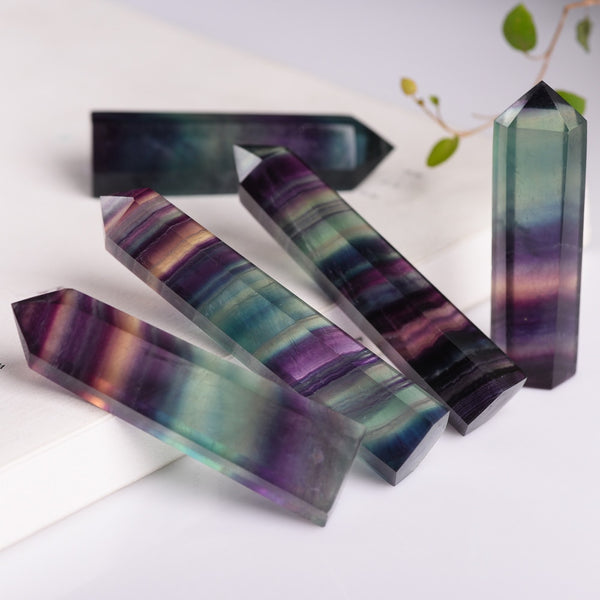 Rainbow Striped Fluorite Obelisk Crystal Wand is made from natural crystal in sizes 3-10cm. These stones have point healing hexagonal wand treatment. Healing. Cleansing.
