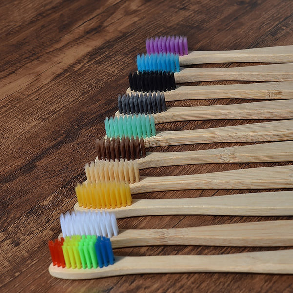 Eco Bamboo Toothbrush Box Set for eco friendly, tooth care. Colourful new design, mixed packs of 10.  Sustainably grown bamboo toothbrush with soft bristles for better dental care.