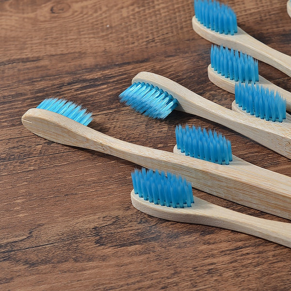 Eco Bamboo Toothbrush Box Set for eco friendly, tooth care. Colourful new design, mixed packs of 10.  Sustainably grown bamboo toothbrush with soft bristles for better dental care.