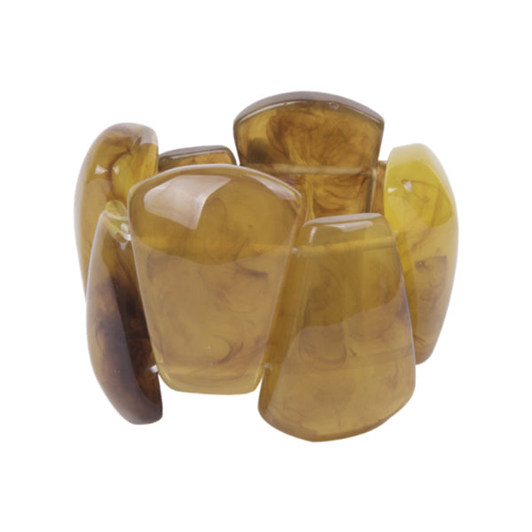 The stretch Resin Cuff Bracelet is a beaded, angular 50s retro bracelet that stretches to fit any hand. Elasticated for easy wear. Each bead is irregular and coloured both sides.