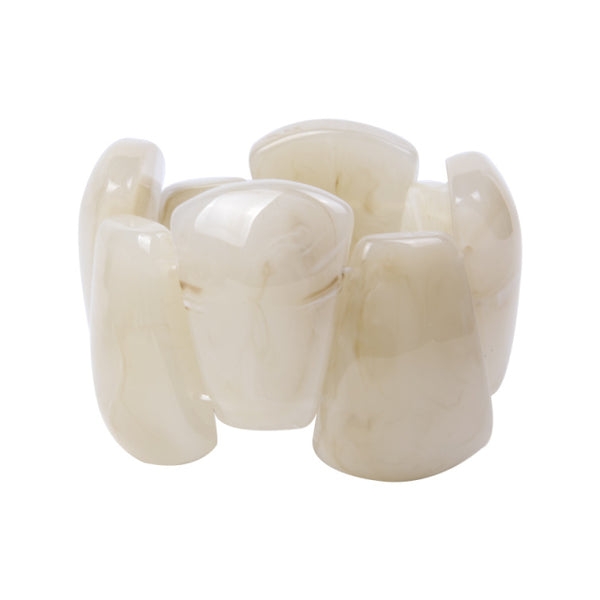 The stretch Resin Cuff Bracelet is a beaded, angular 50s retro bracelet that stretches to fit any hand. Elasticated for easy wear. Each bead is irregular and coloured both sides.