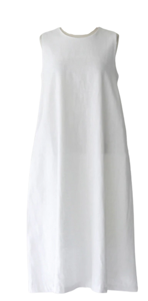 100% cotton white A-Line cut light, airy and roomy dress. You will love this sleeveless, Zana dress for Summer. It is 100% cotton so breathes. 