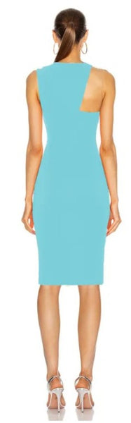 Bright Bree Bandage Dress featuring stretch-design, cut-out detailing, one-shoulder, bodycon. Design includes slit dart detailing, side zip fastening, knee length skirt.