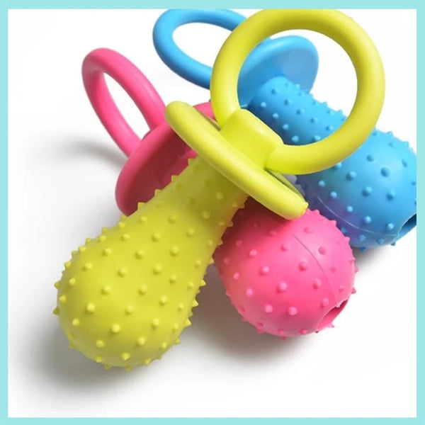 Three colorful rubber pet teething toys with textured spiky handles and smooth rings, shown on a white background with a light blue border.