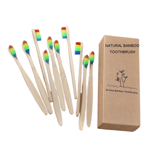 Eco Bamboo Toothbrush Box Set for eco friendly, tooth care. Colourful new design, mixed packs of 10. Sustainably grown bamboo toothbrush with soft bristles for better dental care.