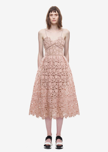 Crochet lace spaghetti strap, this A-line midi dress lined with empire waistline beautiful pastels colors 100% Polyester Lining 88% Polyester 12% Elastane