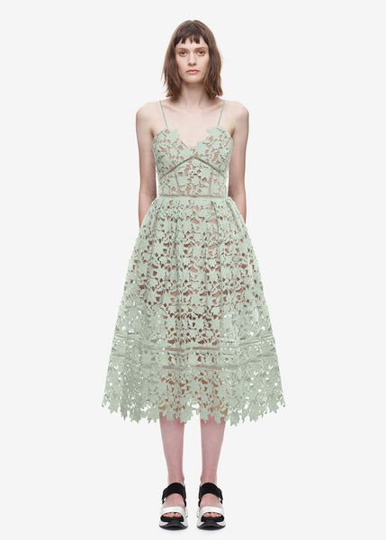 Crochet lace spaghetti strap, this A-line midi dress lined with empire waistline beautiful pastels colors 100% Polyester Lining 88% Polyester 12% Elastane