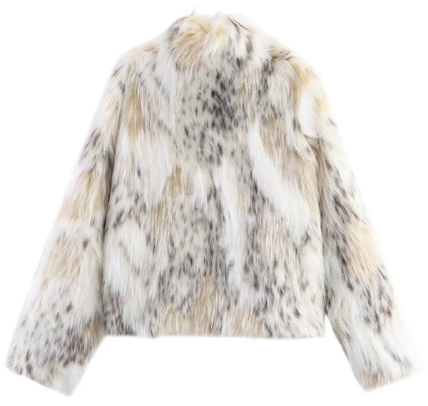 Snow Leopard Faux Fur Jacket stylised for you. Warm, lined jacket with a lapel collar and long sleeves. Front pockets. Faux fur in cream, beige and white with distinction animal print marks and appliqué detail. 