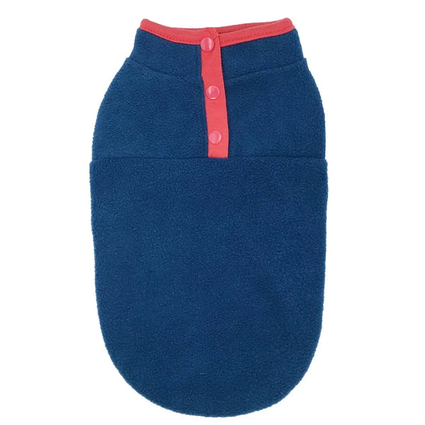A dark blue fleece pet coat with a red collar trim and three red buttons on the front, shown against a plain white background.