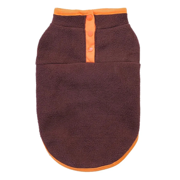 A dark brown fleece pet coat with bright orange trim and a three-button placket on a white background.