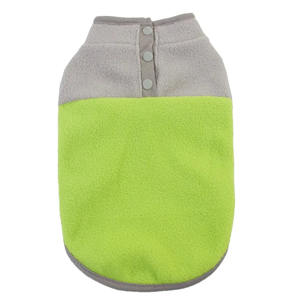 A pet fleece jacket with a bright lime green body and a light gray collar and button placket, shown against a plain white background.