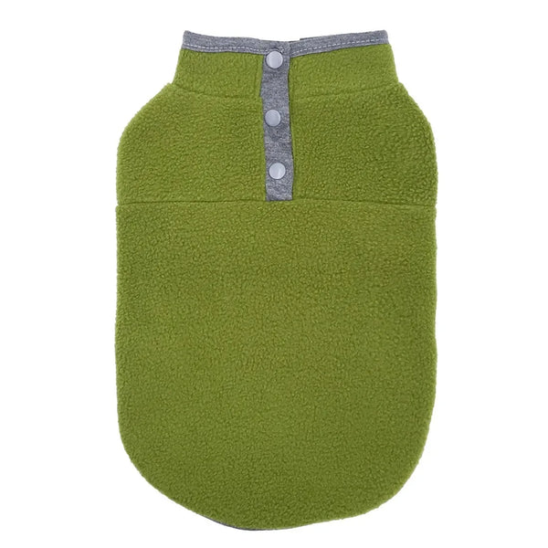 Green fleece dog sweater with gray buttons on a white background
