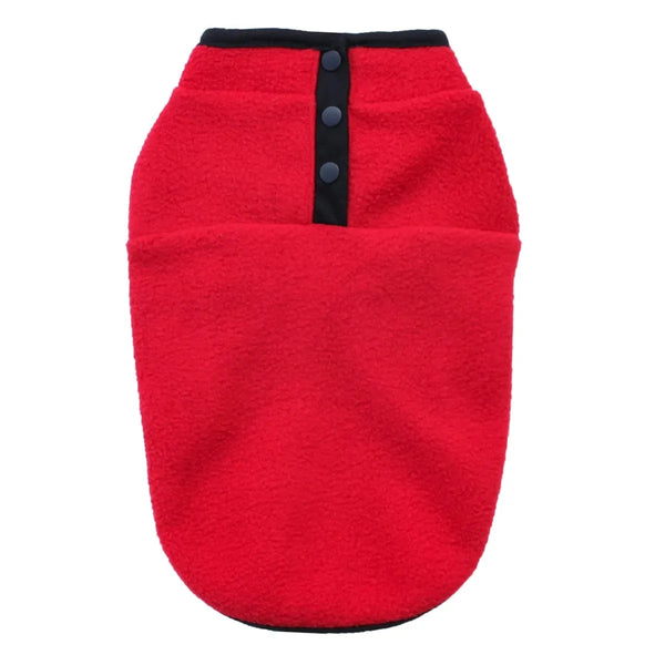 Red fleece dog coat with black buttons on a white background
