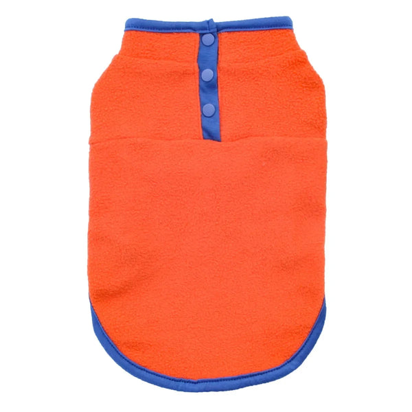 Orange dog coat with blue trim on a white background