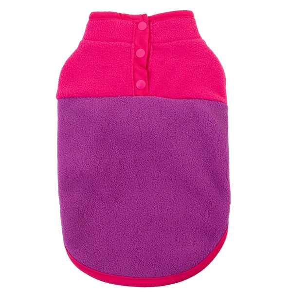Purple and pink fleece pet coat on a white background