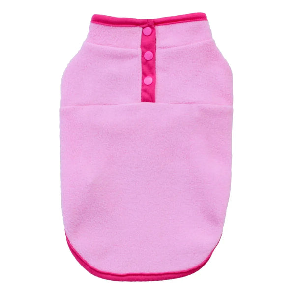 A pink fleece pet sweater or cover-up with a high collar, three pink buttons on the back, and a curved bottom edge, shown against a plain white background.