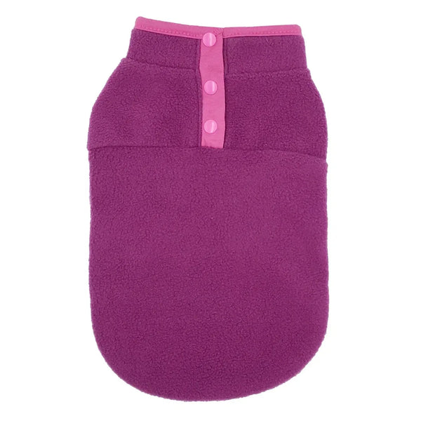 Purple fleece pet coat with pink buttons on a white background