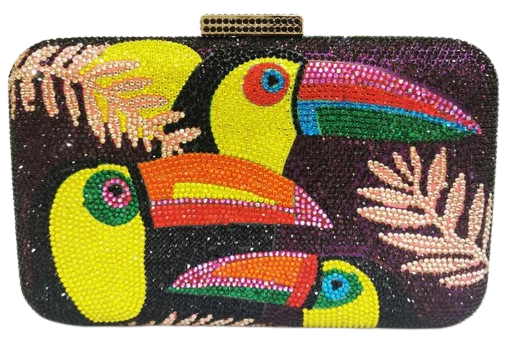 The Crystal Bird Clutch Purse is an mmbellished toucan parot clutch purse, covered with tiny colored crystal rhinestones. Finished with detail clasp closure.