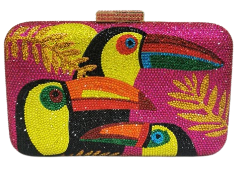 The Crystal Bird Clutch Purse is an mmbellished toucan parot clutch purse, covered with tiny colored crystal rhinestones. Finished with detail clasp closure.