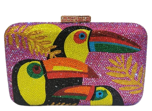 The Crystal Bird Clutch Purse is an mmbellished toucan parot clutch purse, covered with tiny colored crystal rhinestones. Finished with detail clasp closure.