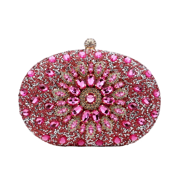 Sparkling oval rhinestone beaded clutch bag with glitter finish, clasp closure & chain strap. Perfect for weddings, prom, parties & evening events.