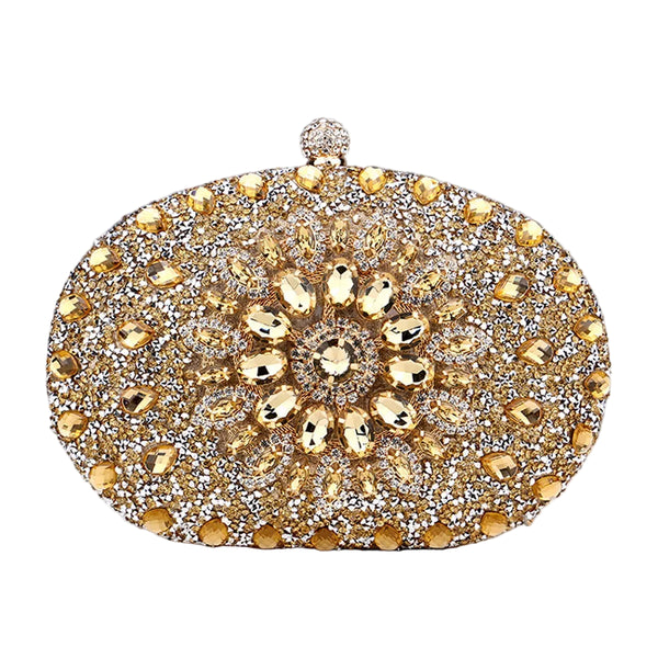 Sparkling oval rhinestone beaded clutch bag with glitter finish, clasp closure & chain strap. Perfect for weddings, prom, parties & evening events.