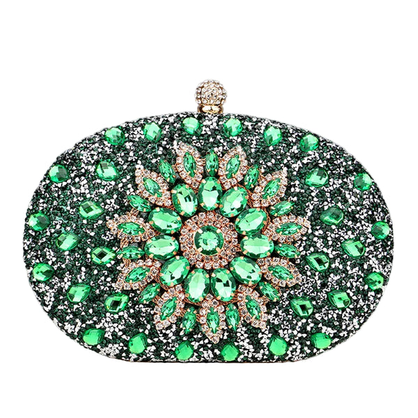 Sparkling oval rhinestone beaded clutch bag with glitter finish, clasp closure & chain strap. Perfect for weddings, prom, parties & evening events.
