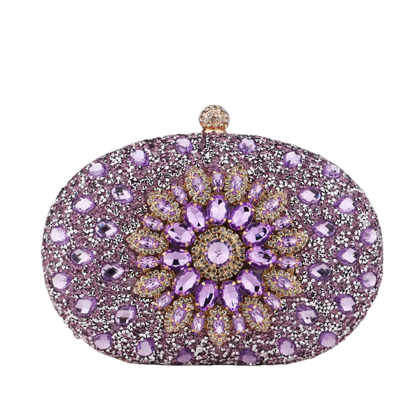 Elegant oval rhinestone & beaded clutch bag with sparkle finish, clasp closure & chain strap. Perfect for weddings, prom, parties & evening events.