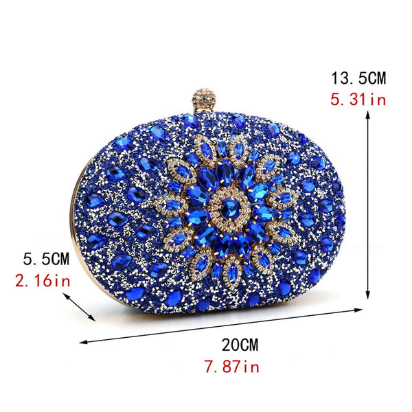 Sparkling oval rhinestone beaded clutch bag with glitter finish, clasp closure & chain strap. Perfect for weddings, prom, parties & evening events.