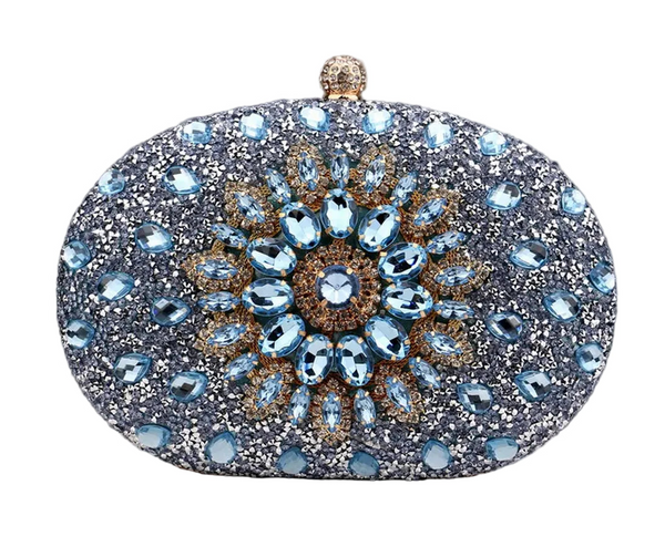 Sparkling oval rhinestone beaded clutch bag with glitter finish, clasp closure & chain strap. Perfect for weddings, prom, parties & evening events.