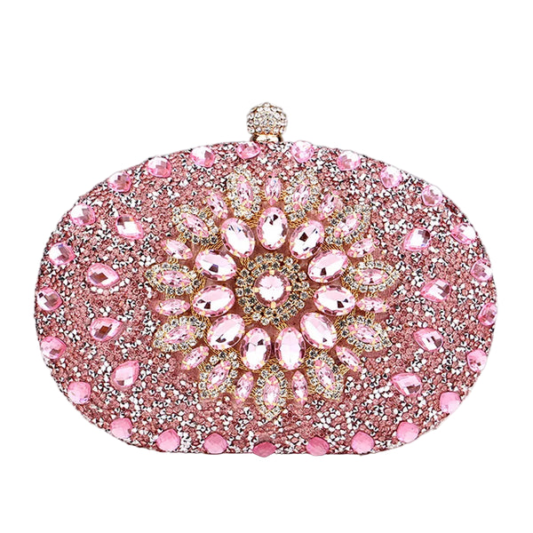 Sparkling oval rhinestone beaded clutch bag with glitter finish, clasp closure & chain strap. Perfect for weddings, prom, parties & evening events.