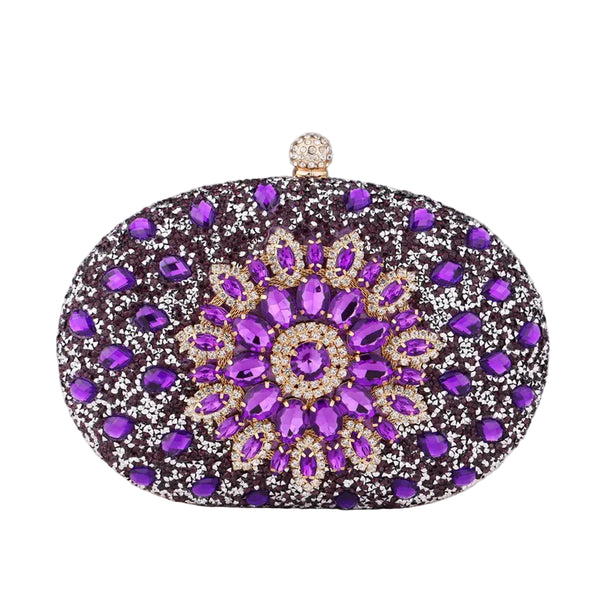 Sparkling oval rhinestone beaded clutch bag with glitter finish, clasp closure & chain strap. Perfect for weddings, prom, parties & evening events.