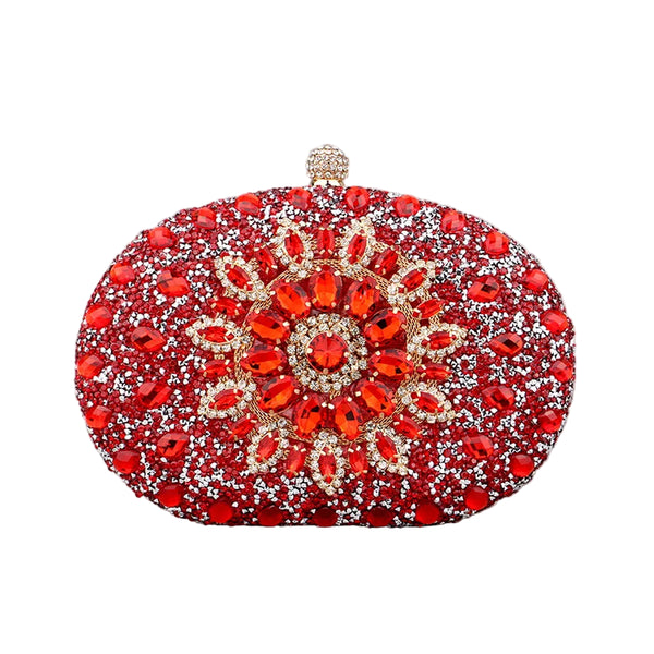 Sparkling oval rhinestone beaded clutch bag with glitter finish, clasp closure & chain strap. Perfect for weddings, prom, parties & evening events.