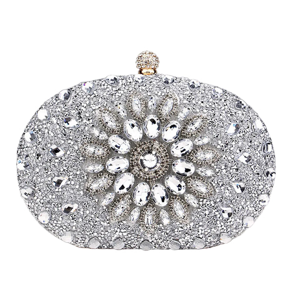 Sparkling oval rhinestone beaded clutch bag with glitter finish, clasp closure & chain strap. Perfect for weddings, prom, parties & evening events.