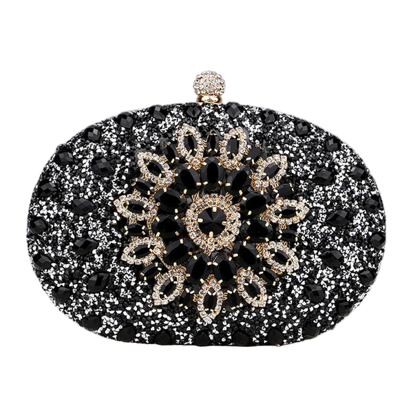 Sparkling oval rhinestone beaded clutch bag with glitter finish, clasp closure & chain strap. Perfect for weddings, prom, parties & evening events.