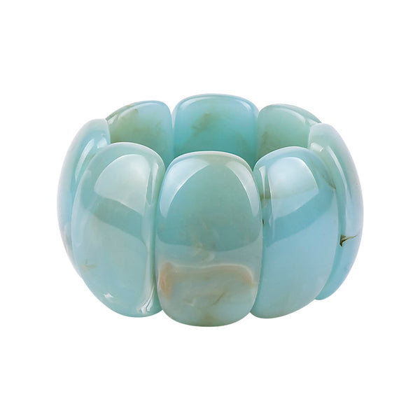 Large stretch curved rectangle beaded 50s retro cuff resin bracelet. Elasticated for easy wear. Colors  jade, black, light blue, pink quartz, white or lapis. 