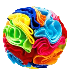 A colorful plush ball toy made of layered, ruffled fabric in bright shades of blue, yellow, green, orange, pink, and red on a white background.
